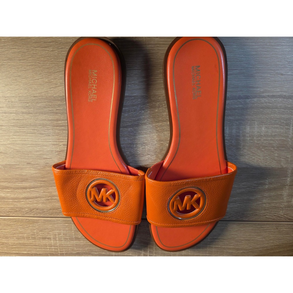 Michael Kors Orange Leather MK Logo Slide Sandals Womens 9M PV221